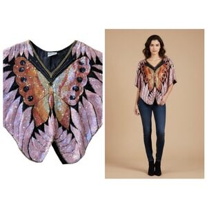 Swee Lo Vintage Top Silk Pink Orange Sequin Beaded Embroidered Butterfly